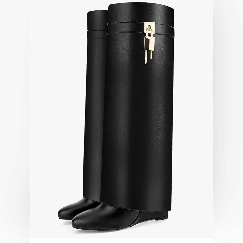 Black Fold over boots for woman pointy pull-on wedge heel knee shark boot